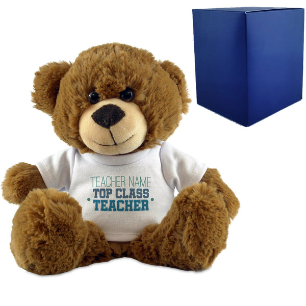 Dark Brown Teddy Bear with Top Class Teacher Design T-Shirt - available to buy online at www.giftsfinder.co.uk