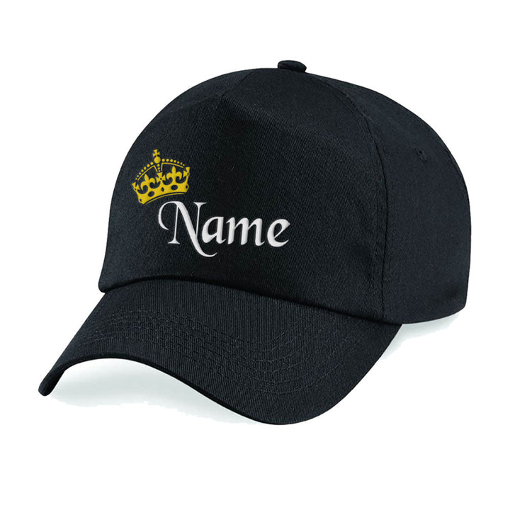 Embroidered Adults Black Cap with Crown and Name Design - available to buy online at www.giftsfinder.co.uk