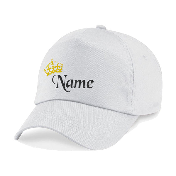 Embroidered Adults White Cap with Crown and Name Design - available to buy online at www.giftsfinder.co.uk