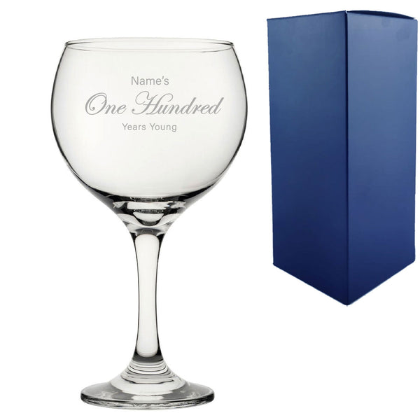 Engraved 100th Birthday Cubata Gin Glass, Years Young Curly Font - available to buy online at www.giftsfinder.co.uk