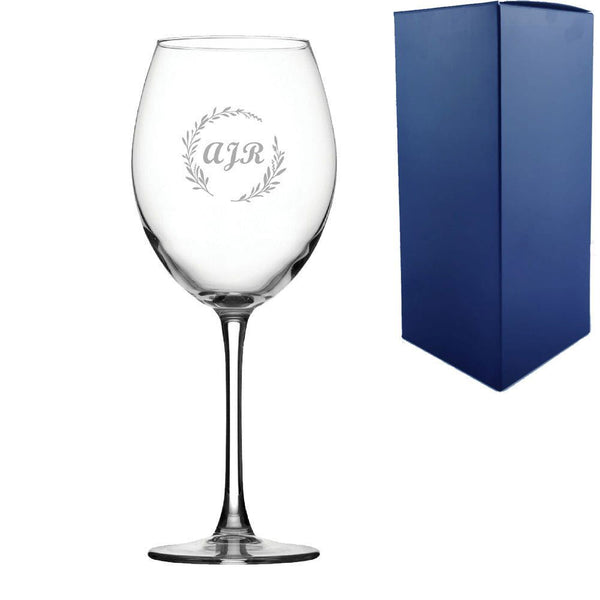 Engraved 19oz Enoteca wine glass with wreath design - any Initials (Stemware) available to buy now at www.giftsfinder.co.uk