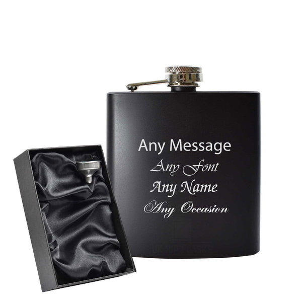 Engraved 6oz Black Hip flask - Any Name, Message, Font - black satin gift box (Flasks) available to buy now at www.giftsfinder.co.uk