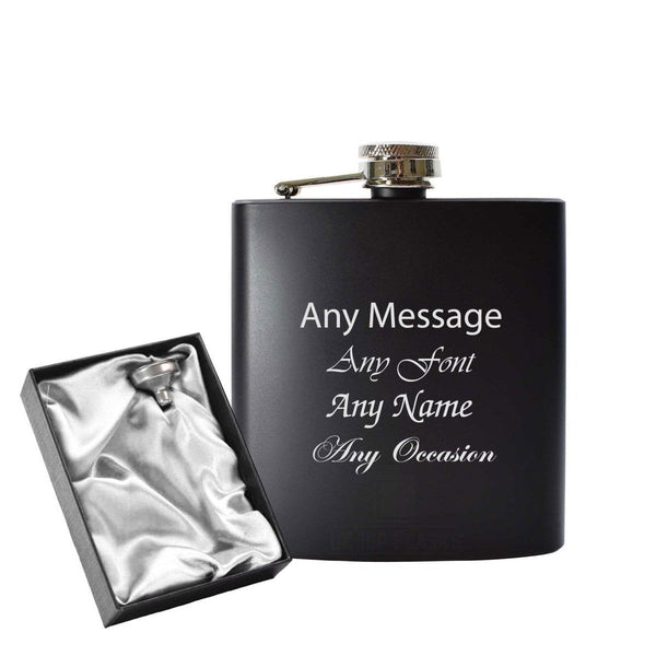 Engraved 6oz Black Hip flask - Any Name, Message, Font - silver satin gift box (Flasks) available to buy now at www.giftsfinder.co.uk