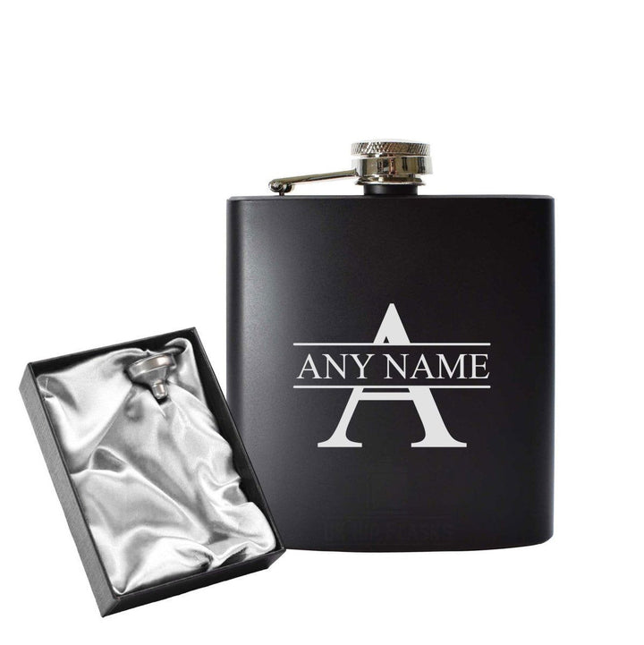 Engraved 6oz Black Hip flask with Any Name and Initial (Flasks) available to buy now at www.giftsfinder.co.uk