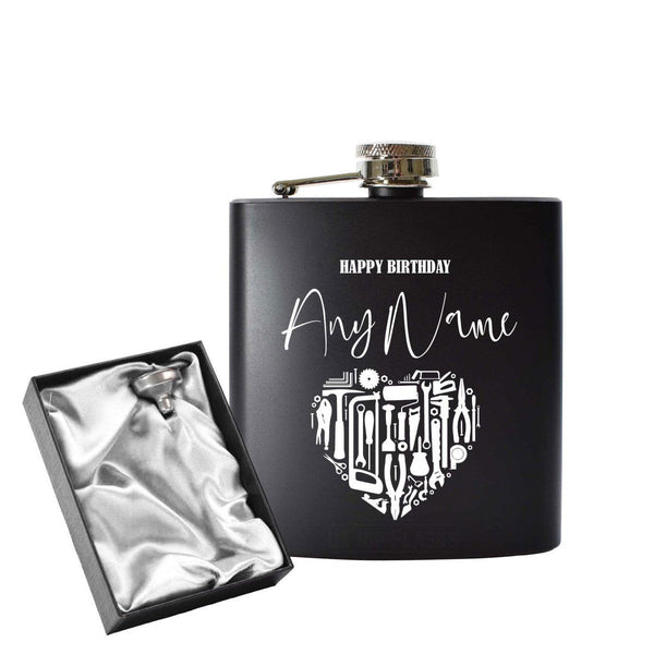 Engraved 6oz Black Hip flask with Birthday Tool heart (Flasks) available to buy now at www.giftsfinder.co.uk