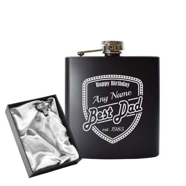 Engraved 6oz Black Hip flask with Birthday shield (Flasks) available to buy now at www.giftsfinder.co.uk