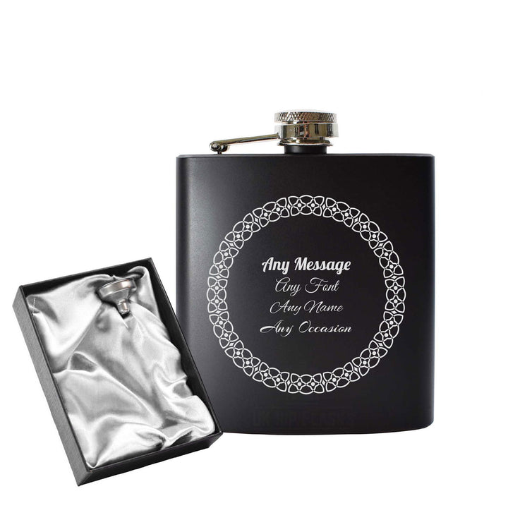 Engraved 6oz Black Hip flask with Circle border (Flasks) available to buy now at www.giftsfinder.co.uk