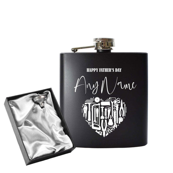 Engraved 6oz Black Hip flask with Fathers day Tool Heart (Flasks) available to buy now at www.giftsfinder.co.uk