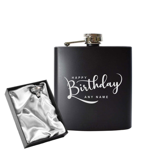 Engraved 6oz Black Hip flask with Happy Birthday design (Flasks) available to buy now at www.giftsfinder.co.uk