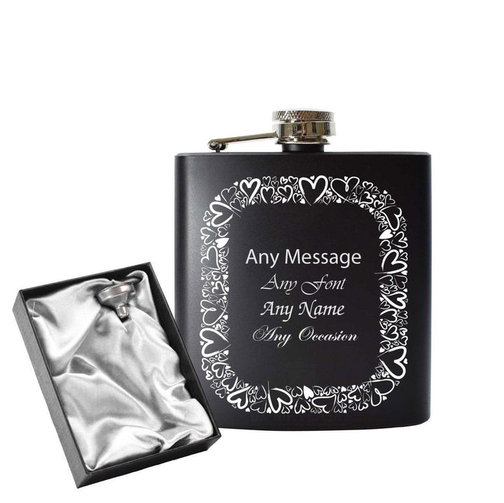 Engraved 6oz Black Hip flask with Heart border (Flasks) available to buy now at www.giftsfinder.co.uk