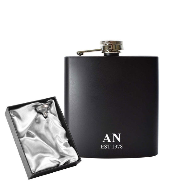 Engraved 6oz Black Hip flask with Initials and Date (Flasks) available to buy now at www.giftsfinder.co.uk