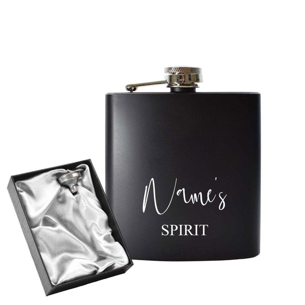 Engraved 6oz Black Hip flask with any Name and Spirit (Flasks) available to buy now at www.giftsfinder.co.uk