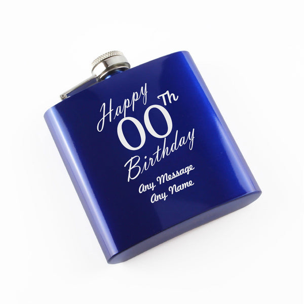 Engraved 6oz Blue Steel Hip Flask Happy Custom Number Birthday () available to buy now at www.giftsfinder.co.uk