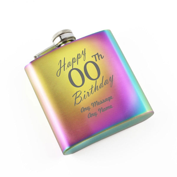 Engraved 6oz Rainbow Steel Hip Flask Happy Custom Number Birthday () available to buy now at www.giftsfinder.co.uk