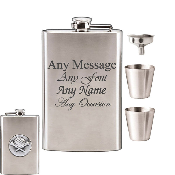 Engraved 8oz Golf Hip Flask with Funnel and Cups in gift category 