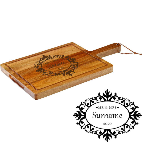 Engraved Acacia Wood Cheeseboard with Mr and Mrs Design (Cutting Boards) available to buy now at www.giftsfinder.co.uk