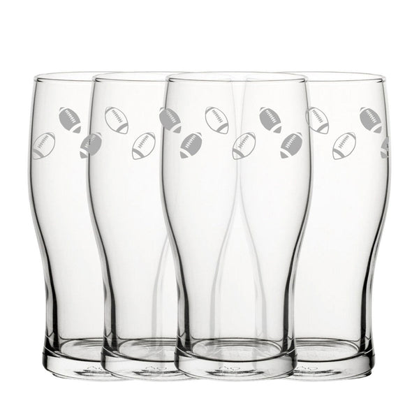 Engraved American Football Pattern Pint Glass Set of 4, 20oz Tulip Glasses (Beer Glasses) available to buy now at www.giftsfinder.co.uk