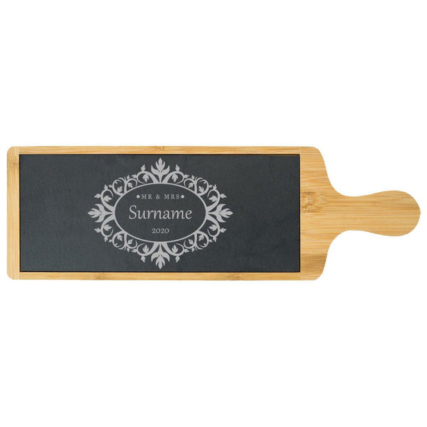 Engraved Bamboo and Slate Cheeseboard with Mr and Mrs Design (Cutting Boards) available to buy now at www.giftsfinder.co.uk