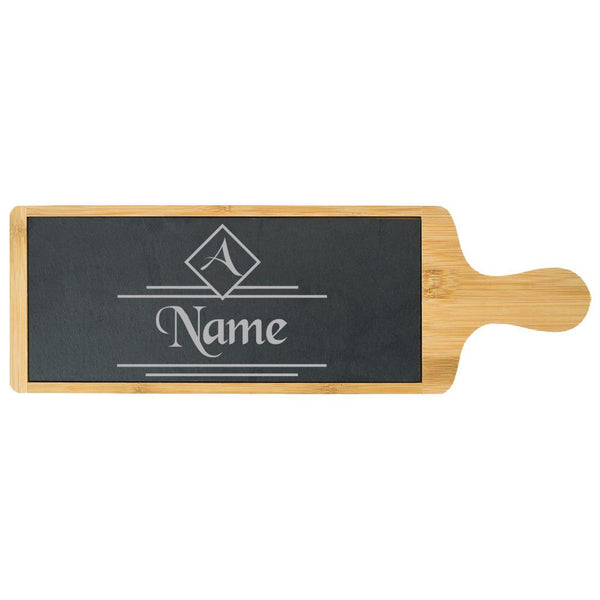 Engraved Bamboo and Slate Cheeseboard with Name and Initial Design (Cutting Boards) available to buy now at www.giftsfinder.co.uk