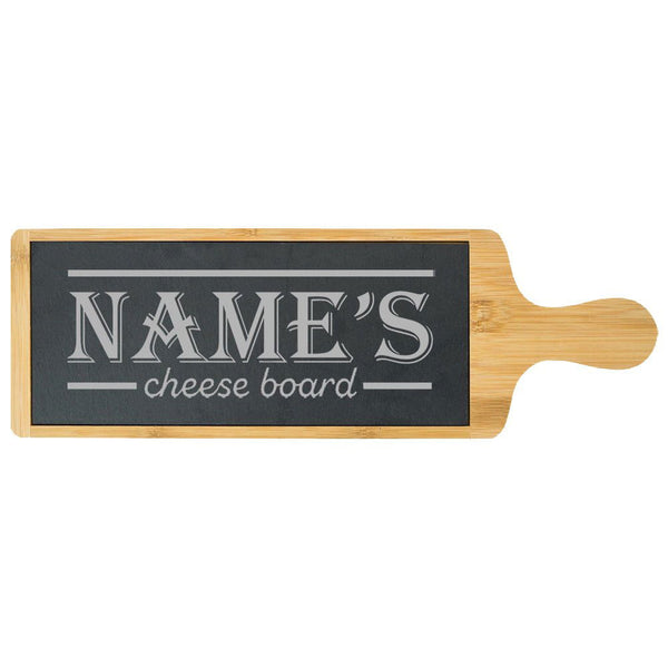 Engraved Bamboo and Slate Cheeseboard with Name's Cheeseboard with Border Design (Cutting Boards) available to buy now at www.giftsfinder.co.uk