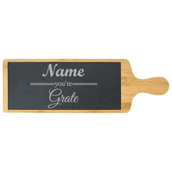 Engraved Bamboo and Slate Cheeseboard with Name you're Grate Design (Cutting Boards) available to buy now at www.giftsfinder.co.uk