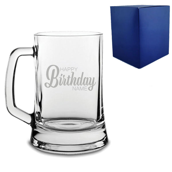 Engraved Beer Mug Tankard with Happy Birthday Name Design (Beer Glasses) available to buy now at www.giftsfinder.co.uk