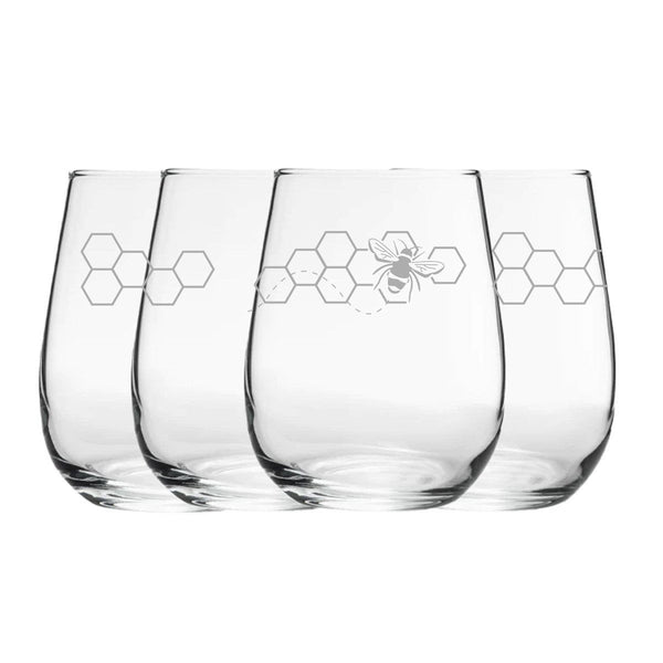 Engraved Bees Pattern Set of 4 Gaia Stemless Wine 12oz Glasses () available to buy now at www.giftsfinder.co.uk