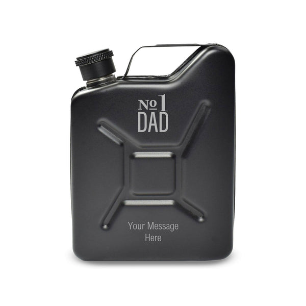 Engraved Black Jerry Can Hip Flask with No.1 Dad Design (Flasks) available to buy now at www.giftsfinder.co.uk