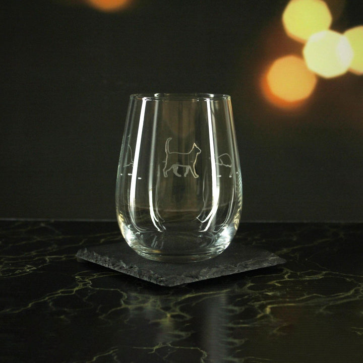 Engraved Cat Pattern Set of 4 Gaia Stemless Wine 12oz Glasses () available to buy now at www.giftsfinder.co.uk