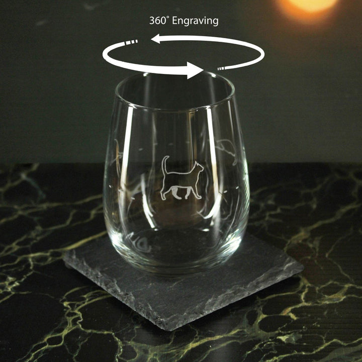 Engraved Cat Pattern Set of 4 Gaia Stemless Wine 12oz Glasses () available to buy now at www.giftsfinder.co.uk