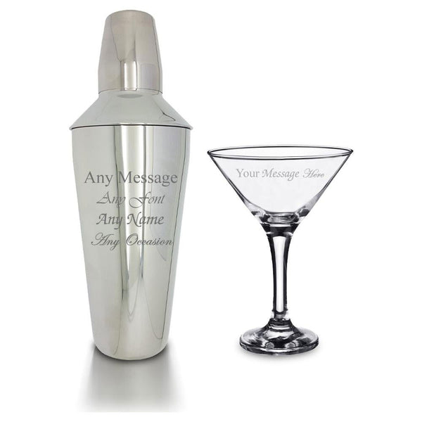 Engraved Cocktail Shaker with Strainer and Martini Glass () available to buy now at www.giftsfinder.co.uk