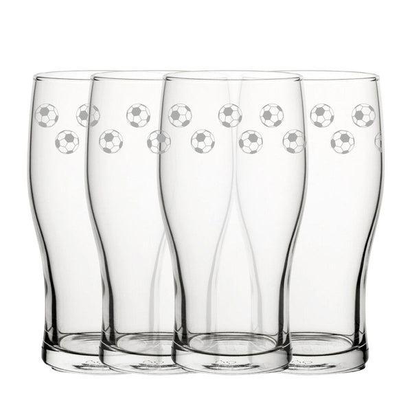 Engraved Football Pattern Pint Glass Set of 4, 20oz Tulip Glasses (Beer Glasses) available to buy now at www.giftsfinder.co.uk