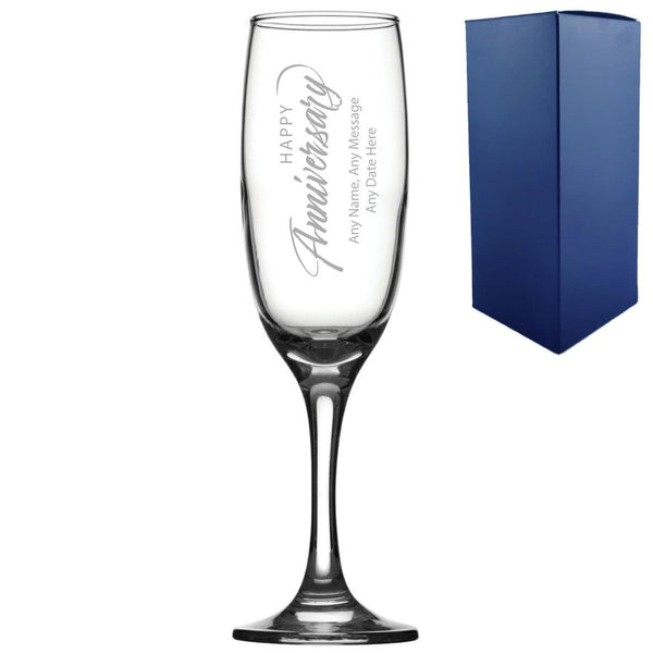 Engraved Happy Anniversary Champagne Glass, Any Message, 7.5oz Imperial, Script Design (Stemware) available to buy now at www.giftsfinder.co.uk