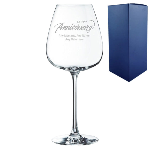 Engraved Happy Anniversary Wine Glass, Any Message, 12oz Cepages, Script Design (Stemware) available to buy now at www.giftsfinder.co.uk