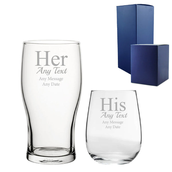 Engraved His and Hers Any Text Beer and Stemless Wine Glass Set (Stemware) available to buy now at www.giftsfinder.co.uk