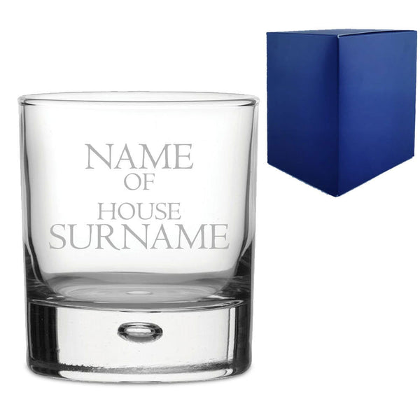 Engraved "Name of House Surname" Novelty Whisky Tumbler With Gift Box (Tumblers) available to buy now at www.giftsfinder.co.uk