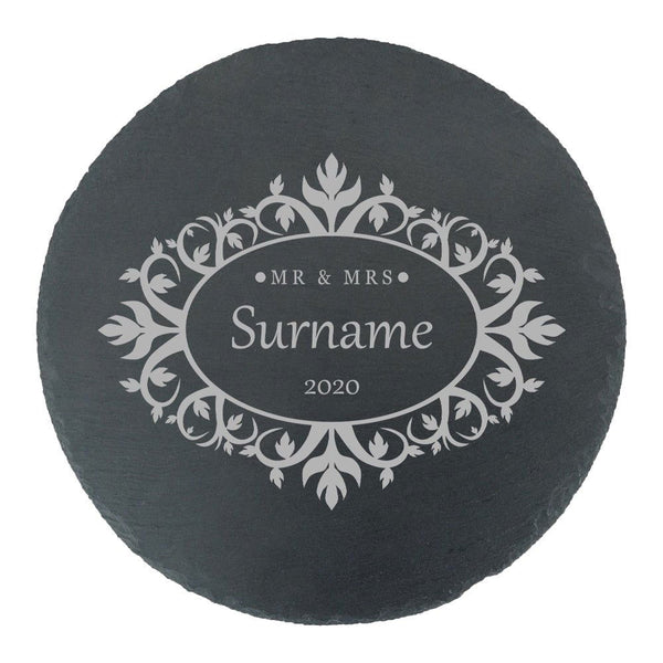 Engraved Round Slate Cheeseboard with Mr and Mrs Design (Cutting Boards) available to buy now at www.giftsfinder.co.uk