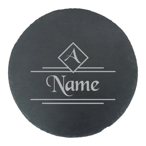 Engraved Round Slate Cheeseboard with Name and Initial Design (Cutting Boards) available to buy now at www.giftsfinder.co.uk