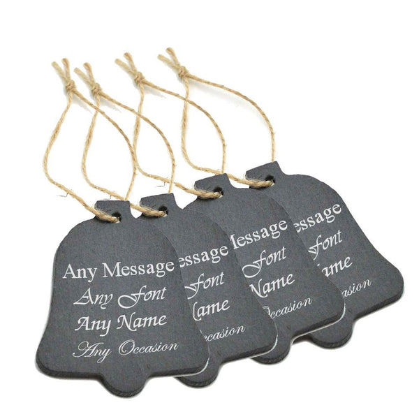 Buy Engraved Set of 4 Christmas Tree Hanging Slate Bell Decorations at www.giftsfinder.co.uk