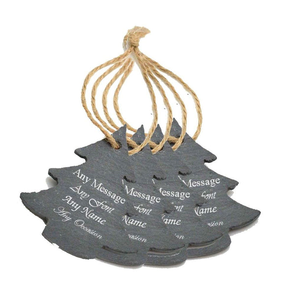 Buy Engraved Set of 4 Christmas Tree Hanging Slate Decorations at www.giftsfinder.co.uk