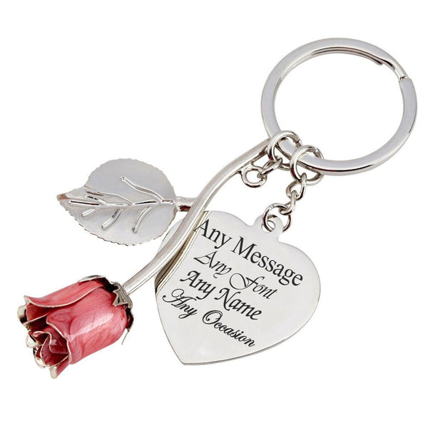 Engraved Silver Plated Pink Rose Keyring with Heart Pendant (Keychains) available to buy now at www.giftsfinder.co.uk