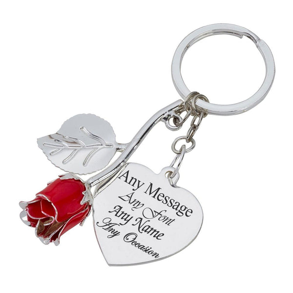 Engraved Silver Plated Red Rose Keyring with Heart Pendant (Keychains) available to buy now at www.giftsfinder.co.uk