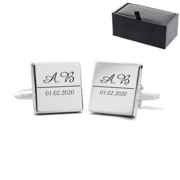 Engraved Square Cufflinks with Initial and Date Design () available to buy now at www.giftsfinder.co.uk