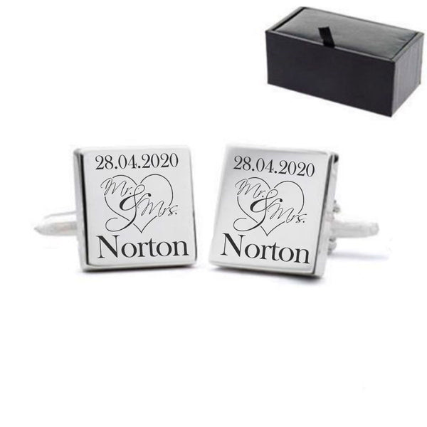 Engraved Square Cufflinks with Mr and Mrs Wedding Design () available to buy now at www.giftsfinder.co.uk