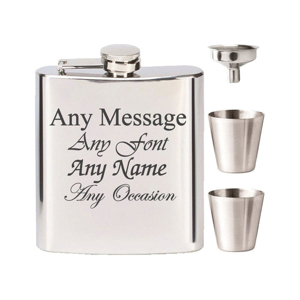 Engraved Stainless Steel 6oz Hip Flask with Funnel and Cups (Flasks) available to buy now at www.giftsfinder.co.uk