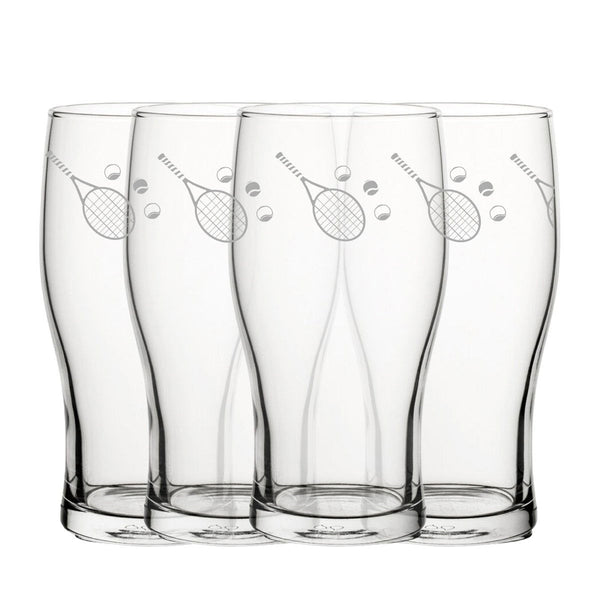 Engraved Tennis Pattern Pint Glass Set of 4, 20oz Tulip Glasses (Beer Glasses) available to buy now at www.giftsfinder.co.uk