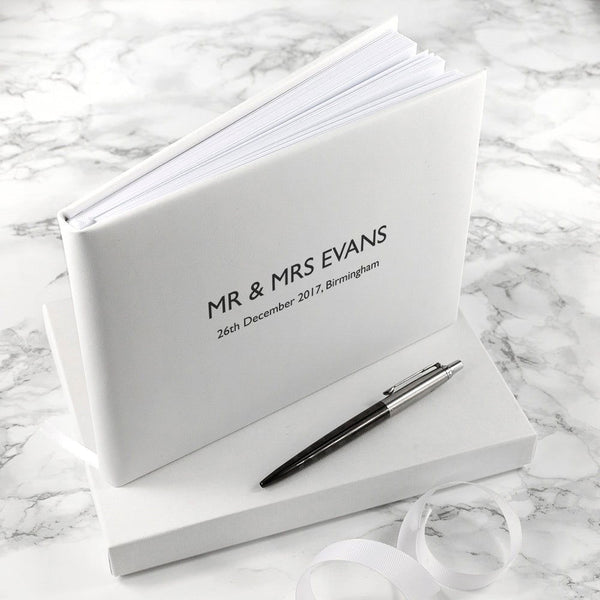 Engraved White Leather Wedding Guest Book (Personalised Wedding Guest Books) available to buy now at www.giftsfinder.co.uk