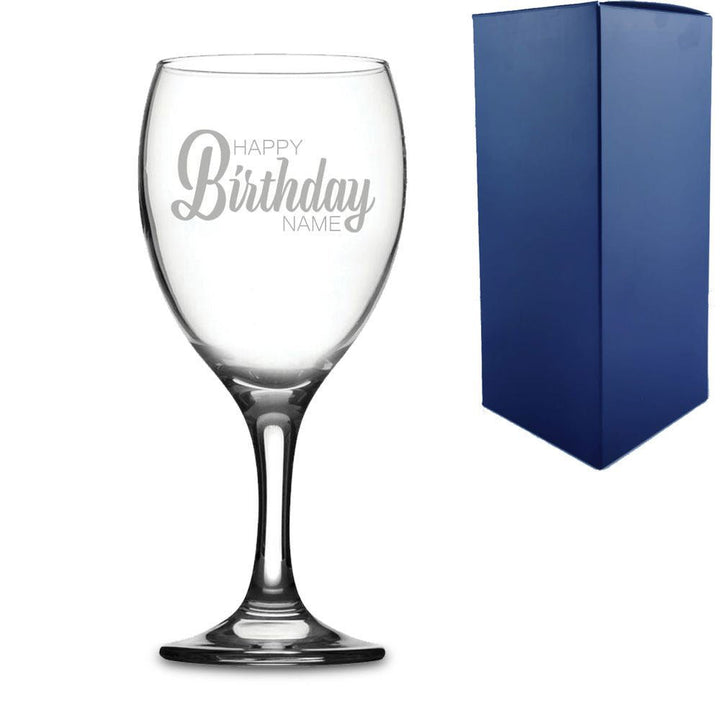 Engraved Wine Glass with Happy Birthday Name Design (Stemware) available to buy now at www.giftsfinder.co.uk