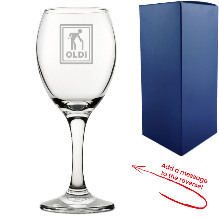 Engraved Wine Glass with Oldi Design, Add a Personalised Message to the Reverse () available to buy now at www.giftsfinder.co.uk