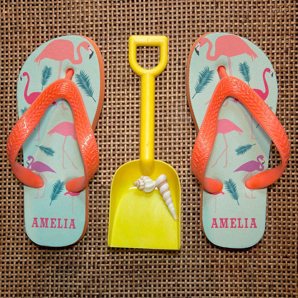 Fabulous Flamingos Child's Personalised Flop Flops (Personalised Kids Flip Flops) available to buy now at www.giftsfinder.co.uk